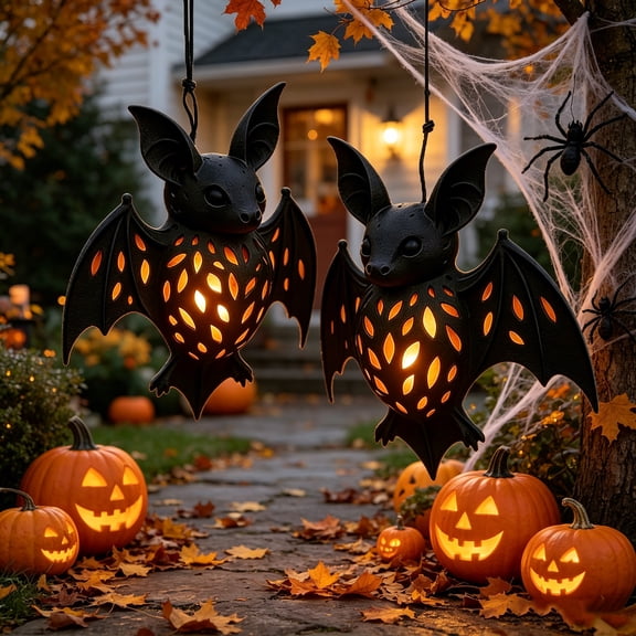 LNOGEUPG 2 Pack Halloween Hanging Bat Hollow Lantern Shell Only Without Inner Light Source, Black Metal 3D Bat Shape Lampshade Ornament for Outdoor Porch Yard Spooky Atmosphere Layout Decor