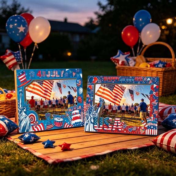 LNOGEUPG 2 Pcs 4th of July Photo Booth Frame Props, Wooden Patriotic Picture Frame with Statue of Liberty USA Elements for Independence Day Party Photo Shooting Decor Supplies