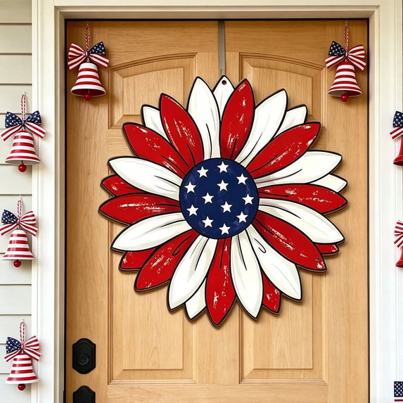 LNOGEUPG 4th of July Decorations Outdoor, 12 inch Red White and Blue Wood Flower Wall Art for Fourth of July Decor, Patriotic Decorations for Yard Garden Home Indoor Mantel