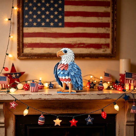 LNOGEUPG 4th of July Patriotic Bald Eagle Decor, Red White Blue 3D Art Bald Eagle Ornament, Patriotic Decorations for Independence Day Memorial Day Home Desktop Shelf Fireplace Party Decor