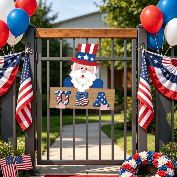 LNOGEUPG 4th of July Patriotic Uncle Sam USA Wooden Door Hanging Sign, Red White Blue Independence Day Memorial Day Porch Decor, Indoor Outdoor Front Gate Home Decoration