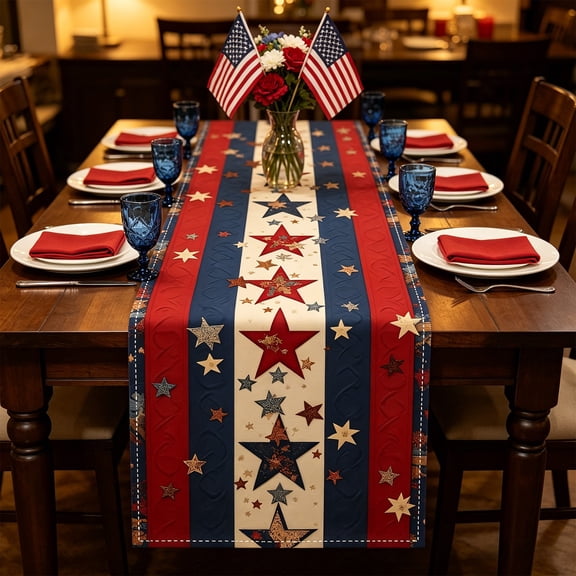 LNOGEUPG 4th of July Table Runner, Patriotic Red Navy Blue White Star Striped Linen Table Runner, 13x72 Inch Independence Day Table Cover for Dining Table Kitchen Memorial Day Party Decor