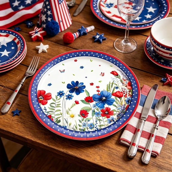 LNOGEUPG 50 Pcs 9 Inch Patriotic Paper Plates, Red Blue Floral Star Print Disposable Dinner Plates, 4th of July Independence Day Disposable Tableware for American Patriotic Theme Party