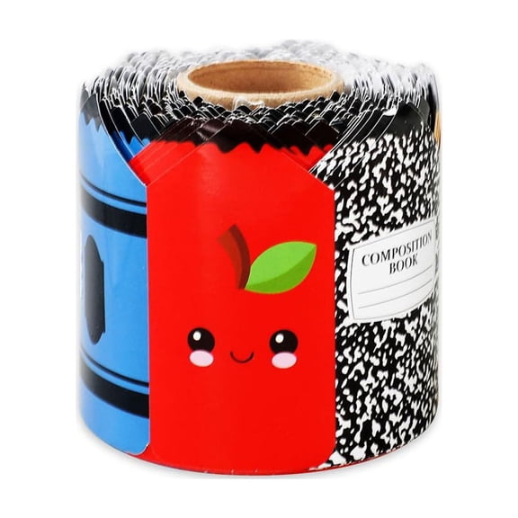 LNOGEUPG Cute School Themed Die Cut Border Sticker Roll, Red Apple Blue Crayon Composition Book Design Bulletin Board Decorative Border Trim for Classroom Blackboard Whiteboard Decor