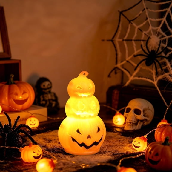 LNOGEUPG Halloween 3 Tier Stacked Jack-o-Lantern LED Hanging Lantern, Orange Hollow Out Face Plastic Spooky Glowing Light for Halloween Party Porch Home Spooky Atmosphere Decor