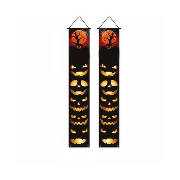 LNOGEUPG Halloween Jack-O-Lantern Vertical Hanging Banner Set of 2, Spooky Red Full Moon Dead Tree Spider Web Porch Door Couplets Decor for Home Spooky House Halloween Party Front Entrance