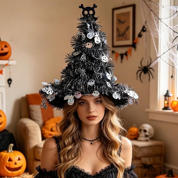 LNOGEUPG Halloween Mini Artificial Bat Top Black Tinsel Tree, Spiral Shiny Foil Black Small Tabletop Tree for Gothic Halloween Home Desktop Party Indoor Decoration