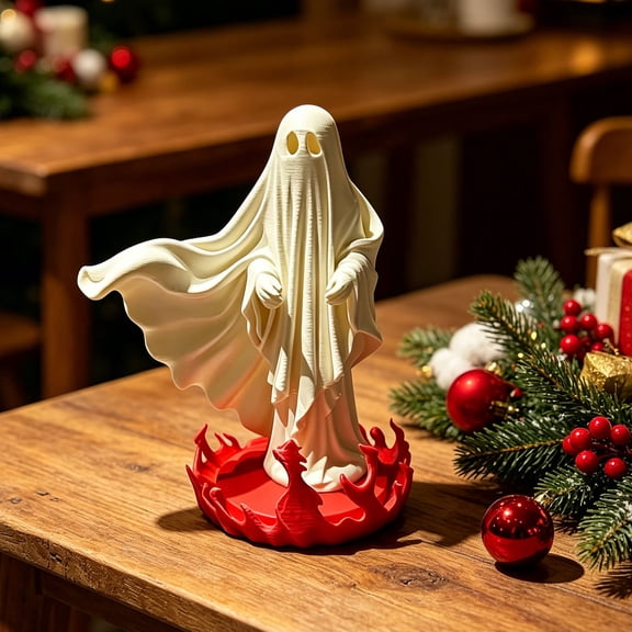 LNOGEUPG Hooded Ghost Resin Figurine Flowing Robe Design with Red Flame Base Spooky Gothic Halloween Tabletop Decor Statue
