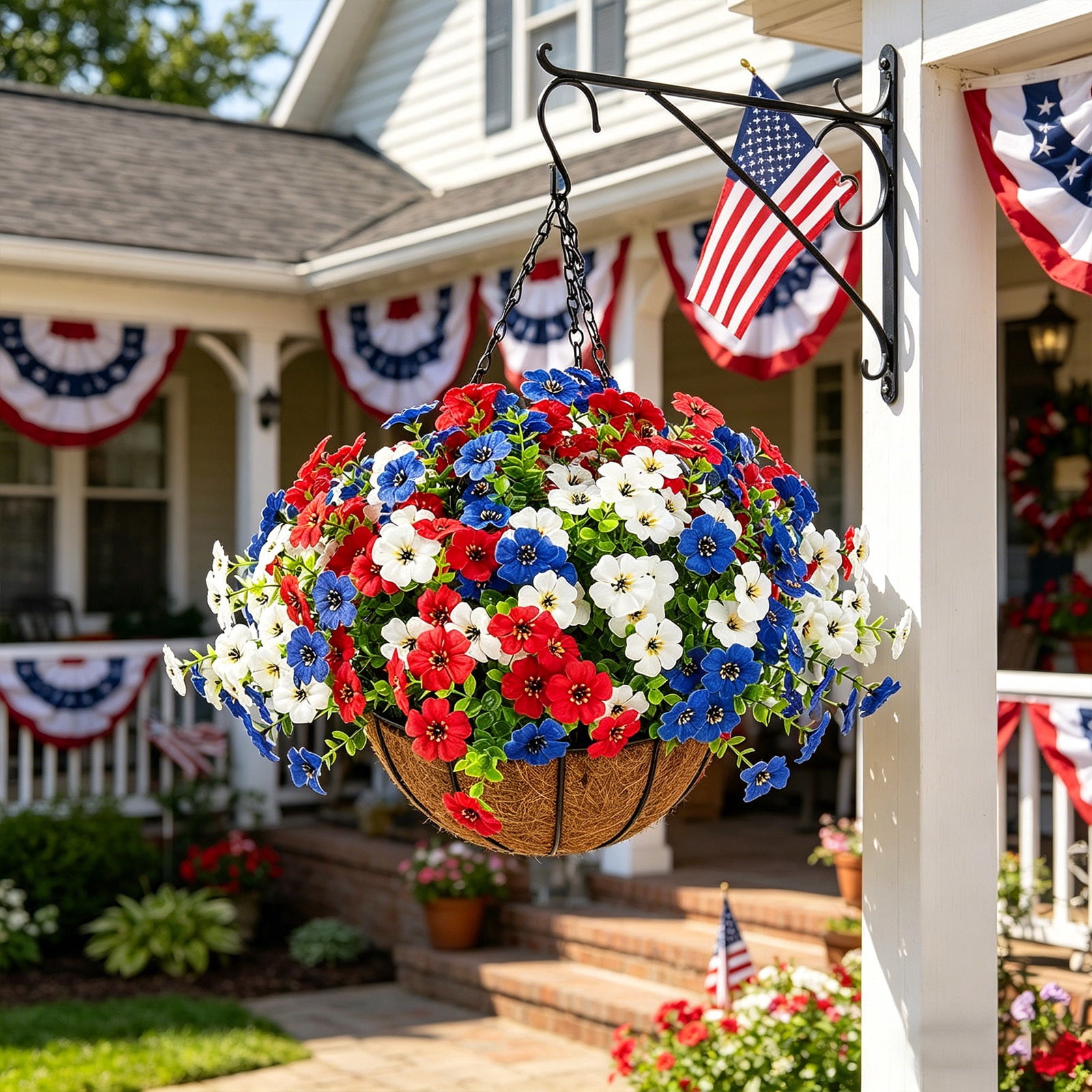 LNOGEUPG Independence Day Artificial Outdoor Flowers with Hanging Basket, 1 Hanging Planters with 12 Pcs Patriotic Flowers for Summer Front Porch Patio 4th of July Decor (Red, White, Blue)