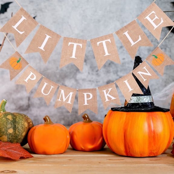 LNOGEUPG Little Pumpkin Burlap Banner, Rustic Fall Bunting Garland for Halloween Thanksgiving Farmhouse Home Fireplace Party Decoration