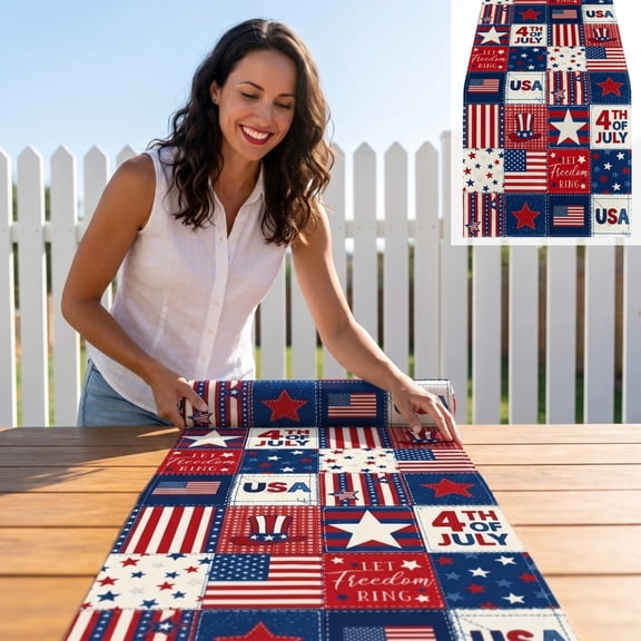 LNOGEUPG Patriotic Red Table Runner with Blue White Stars, Washable Burlap Linen 4th of July Table Decor 13 x 108 Inch, Independence Day Memorial Day Decorations