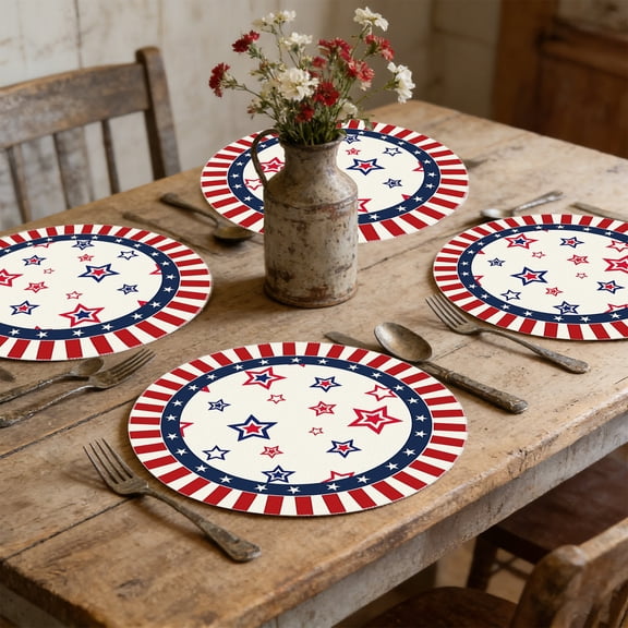 LNOGEUPG Retro Old Style Stars American Flag Star 4th of July Round Placemats Set of 4, 14 Inch Memorial Day Table Mats for Party Kitchen Dining Decoration