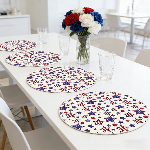 LNOGEUPG Retro Old Style Stars American Flag Star 4th of July Round Placemats Set of 4, 14 Inch Memorial Day Table Mats for Party Kitchen Dining Decoration