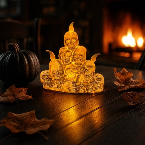LNOGEUPG Stacked Skull Halloween LED Decor Light, Warm Glow Golden Translucent Skeleton Figurine for Spooky Season Tabletop Mantel Party Home Indoor Display Decoration