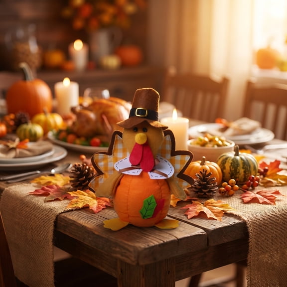 LNOGEUPG Thanksgiving Plush Turkey Pumpkin Figurine with Brown Pilgrim Hat Yellow Gingham Wings for Fall Home Thanksgiving Party Decor