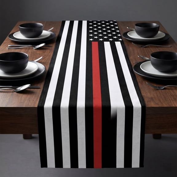 LNOGEUPG Thin Red Line Black Table Runner - Cotton Linen 72 Inches Long, American Firefighter USA Flag Dress Scarves, Rustic Table Runner for Dining/Coffee/Holiday Table, Fireman Gift Home Décor