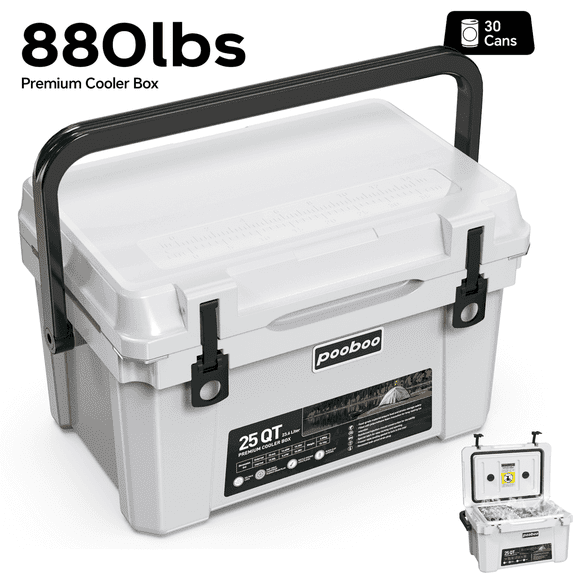 LNOW 25QT Hard Sided Ice Chest Cooler, Fits 30 Cans, Travel Beach Camping Picnic, White