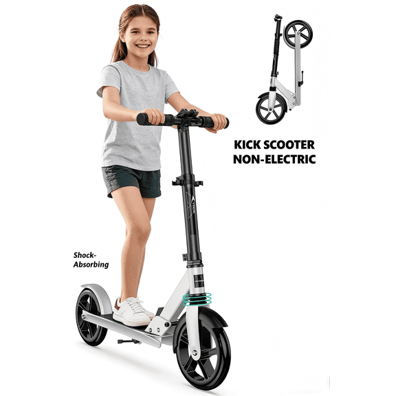 LNOW Foldable Kick Scooter for Kids, Teens & Adults - 8 Inch Large Wheels, 4-Level Height Adjustable, Lightweight, Max Load 240lbs