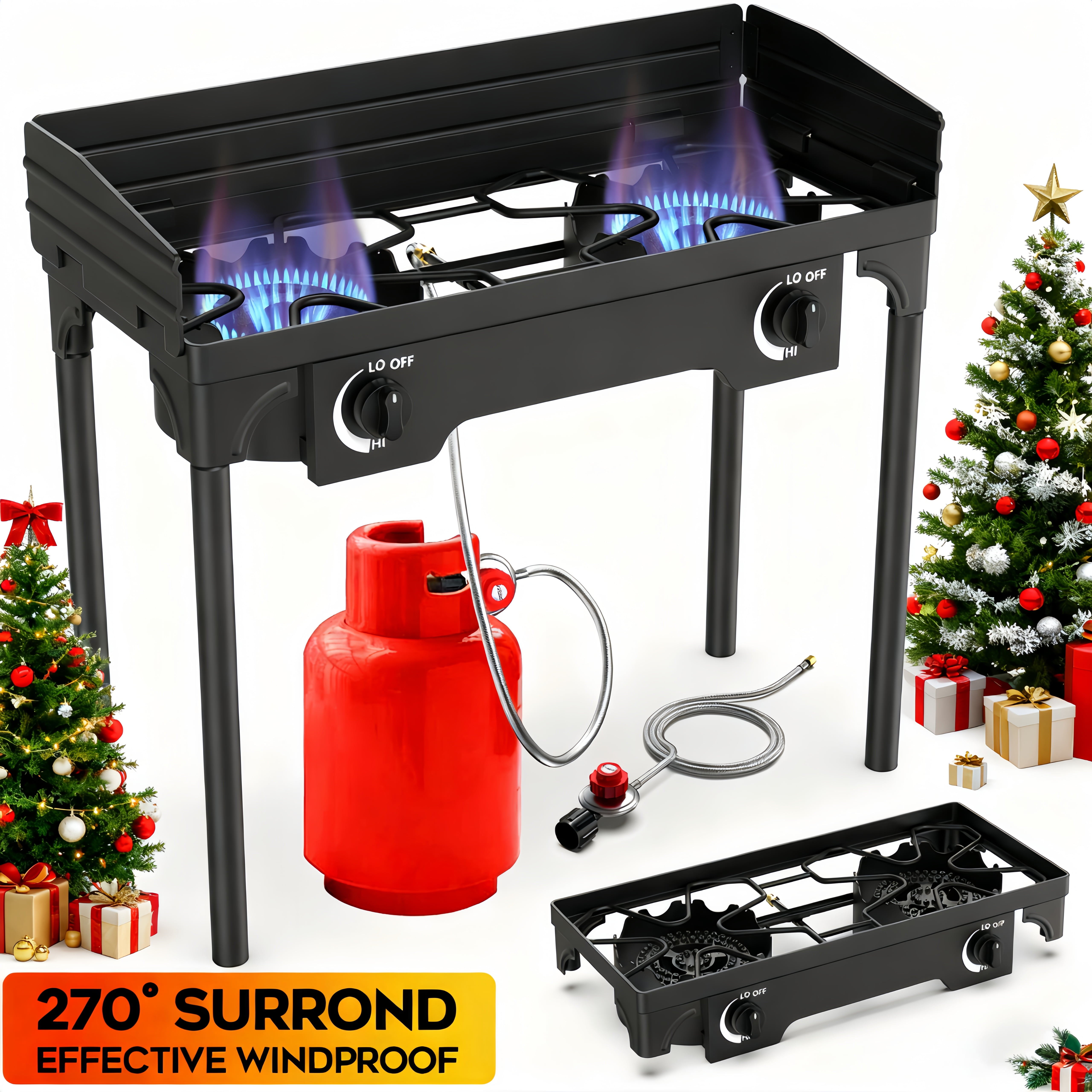LNOW Gas Cooker Outdoor Propane Camping Stove with Wind Panel Picnic Stove Stand BBQ Grill Portable 150000 BTU Gas Stove 2 Burner for Camping, Christmas Gift