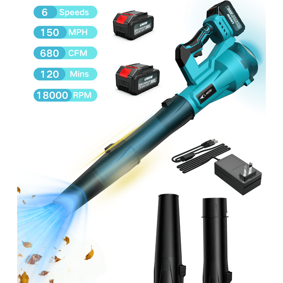 LNOW Leaf Blower, 150MPH/680CFM Battery Cordless Leaf Blower with 6 Speed Mode, Electric Leaf Blower with 2 Batteries for Snow Blowing, Car Drying, Yard/Patio/Garden Cleaning