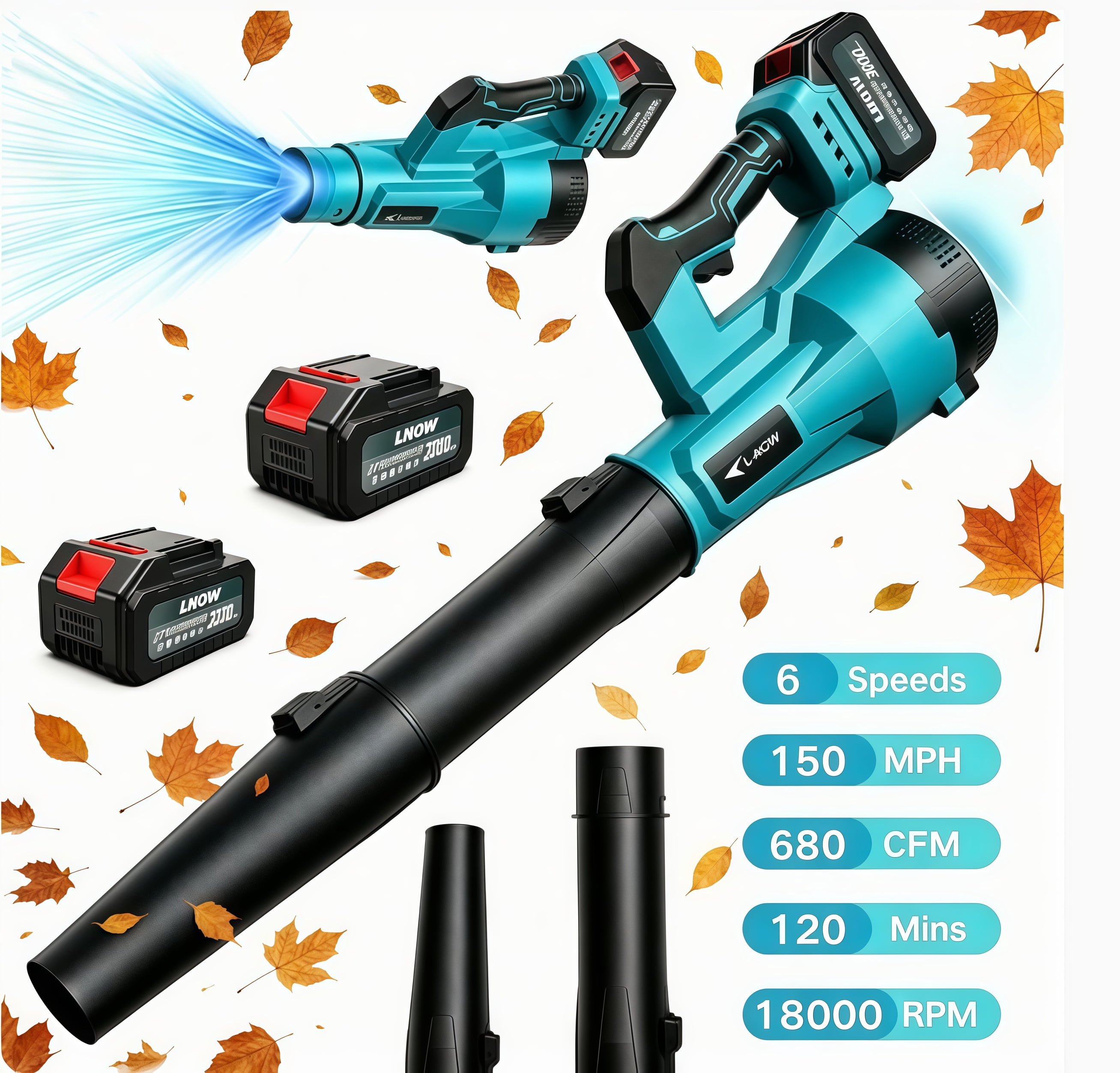 LNOW Cordless Leaf Blower, 680CFM 150MPH 6 Speed Electric Leaf Blower with 2×3.0Ah Batteries, Light Duty Leaf Blower for Blowing Leaves, Car Drying,  Yard/Patio/Garden Cleaning, Lawn Care and Dust