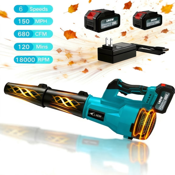 LNOW Snow Blower, 150MPH/680CFM Battery Cordless Leaf Blower with 6 Speed Mode, Electric Blower with 2 Batteries for Snow Blowing, Car Drying, Yard/Patio/Garden Cleaning