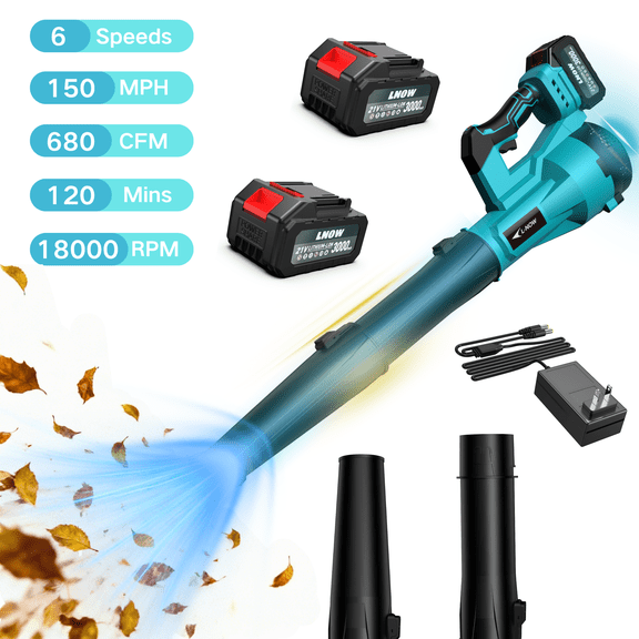 LNOW Leaf Blower, 150MPH/680CFM Battery Cordless Leaf Blower with 6 Speed Mode, Electric Leaf Blower with 2 Batteries for Snow Blowing, Car Drying,  Yard/Patio/Garden Cleaning