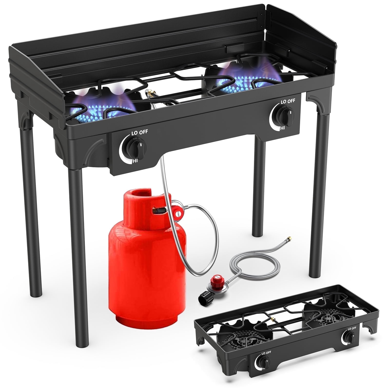 Gas Cooker Outdoor Propane Camping Stove with Wind Panel Picnic Stove Stand BBQ Grill Portable 150000 BTU Gas Stove 2 Burner for Camping