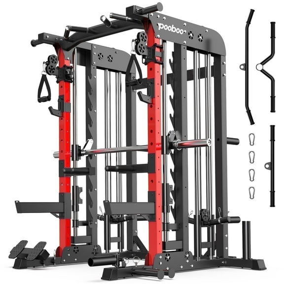 LNOW 2000LB Smith Machine & Dual Pulley Home Gym - Squat Rack, Lat Pulldown, Cable Crossover - Includes Workout Attachments