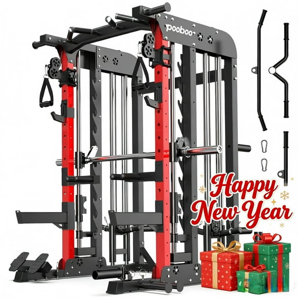 LNOW 2000LB Smith Machine & Dual Pulley Home Gym - Squat Rack, Lat Pulldown, Cable Crossover - Includes Workout Attachments