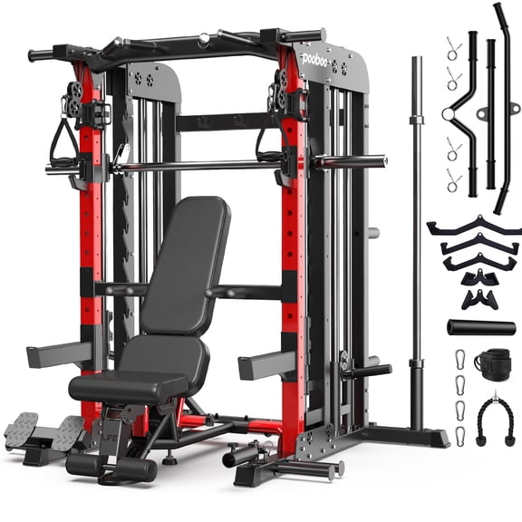 LNOW Power Rack Cage Smith Machine Home Gym 2000LB Squat Rack All-in-One Total Body Workout System Dual Pulley Cable Crossover Multi-Functional Workout Machine with Weight Bench