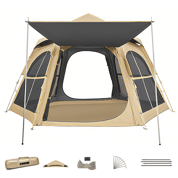 Lnow Instant Tent Hexagon Cabin Tent 4-6 Person, Camping Tent for All-Season Family Tent with Metal Door Poles, Pop Up Tents for Camping and Hiking