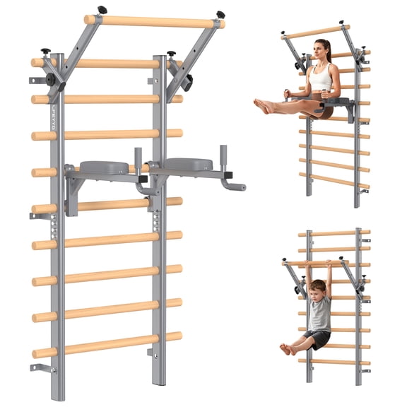 LNOW Wall Mount Swedish Ladder Home Gym with Adjustable Pull Up Bar & Dip Station, Indoor Home Gym for Kids & Adults, 350lbs