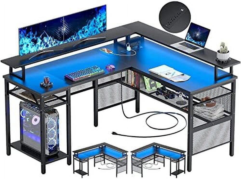 LNSETGC L Shaped Desk with LED Strip and Power Outlets Reversible ...