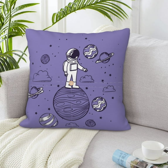LNWH Astronauts Purple Planet Throw Pillow Covers, Square Soft Linen Decorative Pillow Cases, 16"x16"