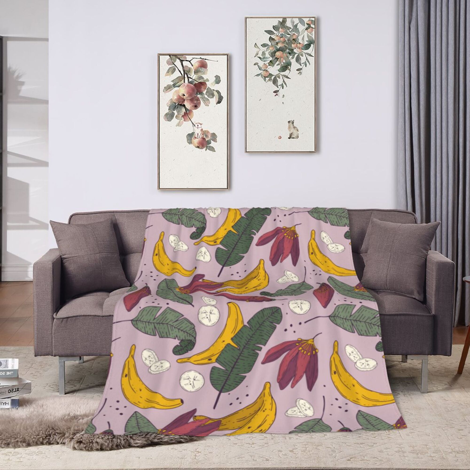 Pink Banana Pattern Print Hooded Blanket