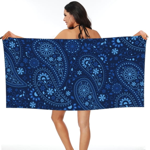 LNWH Blue Toned Paisley Bandana Pattern Sandless Beach Towel, Travel Quick-Drying Microfiber Bath Towels, 27.5"x55"