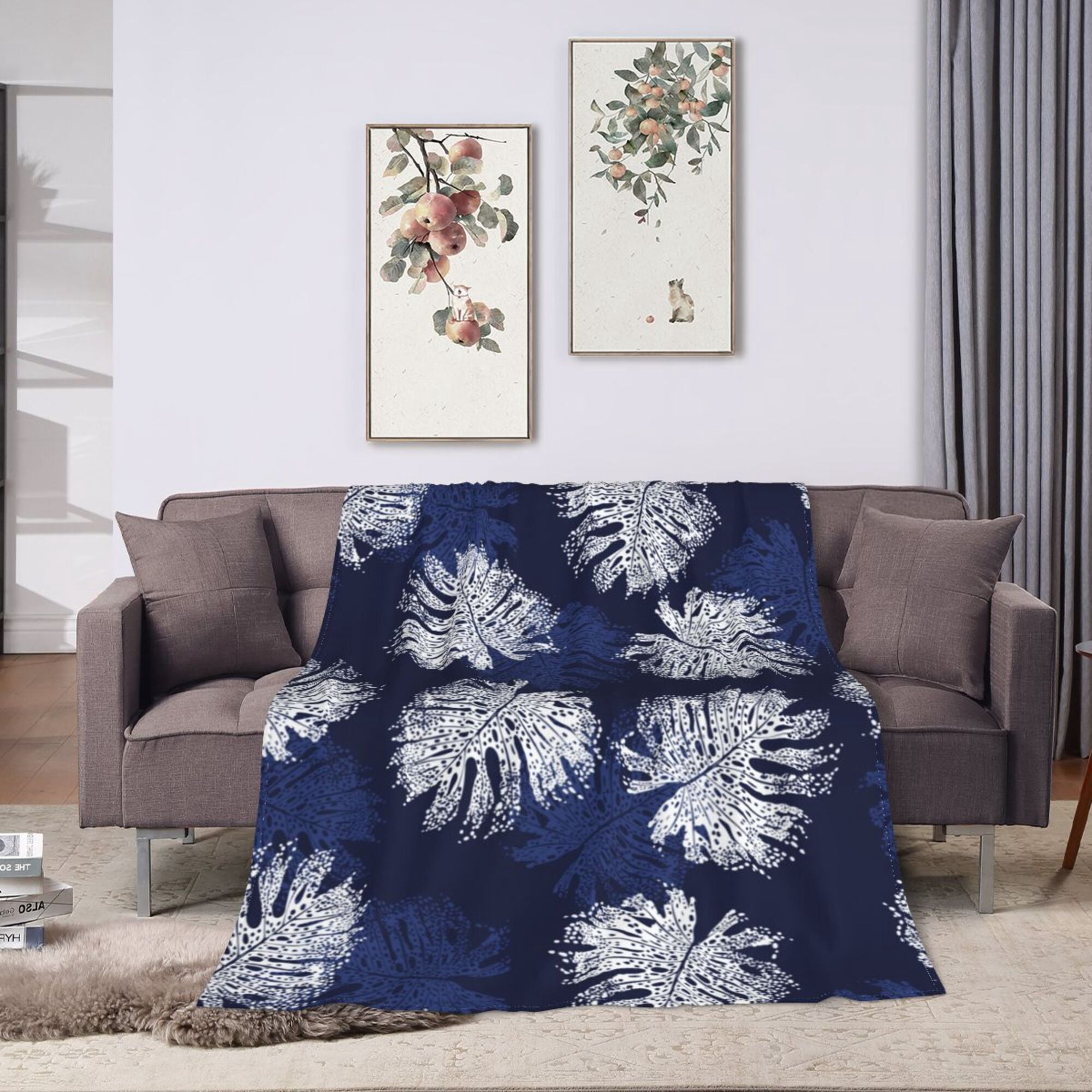 LNWH Blue Tropical White Leaves Pattern Throw Blanket, Fluffy Soft Cozy ...