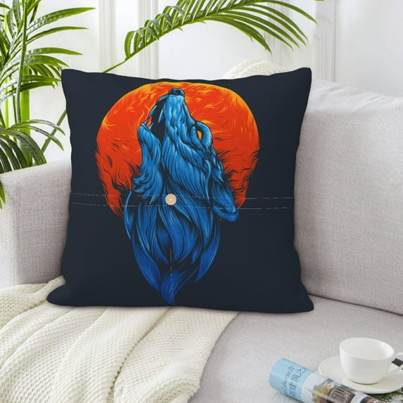 LNWH Blue Wolf Head Illustration Throw Pillow Covers, Square Soft Linen Decorative Pillow Cases, 20"x20"