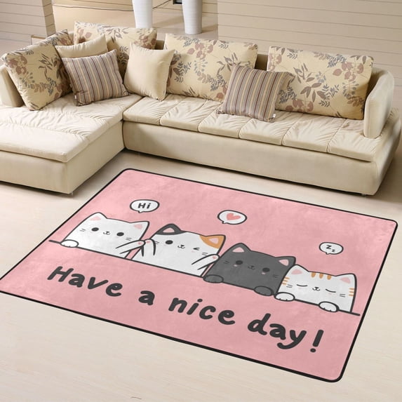 LNWH Cartoon Cat Greeting Doodle Rug for Bedroom Living Room, Non-Slip Soft Foldable Carpet, 63" x 48"