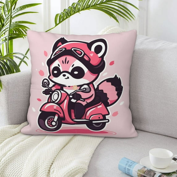 LNWH Cartoon Raccoon Motorcycle Throw Pillow Covers, Square Soft Linen Decorative Pillow Cases, 18"x18"