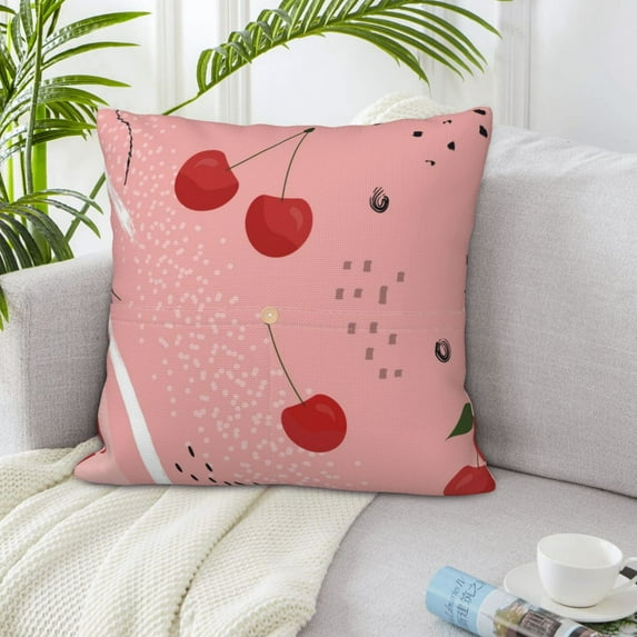 LNWH Cherry Fruit Abstract Pink Background Throw Pillow Covers, Square Soft Linen Decorative Pillow Cases, 20"x20" Inch