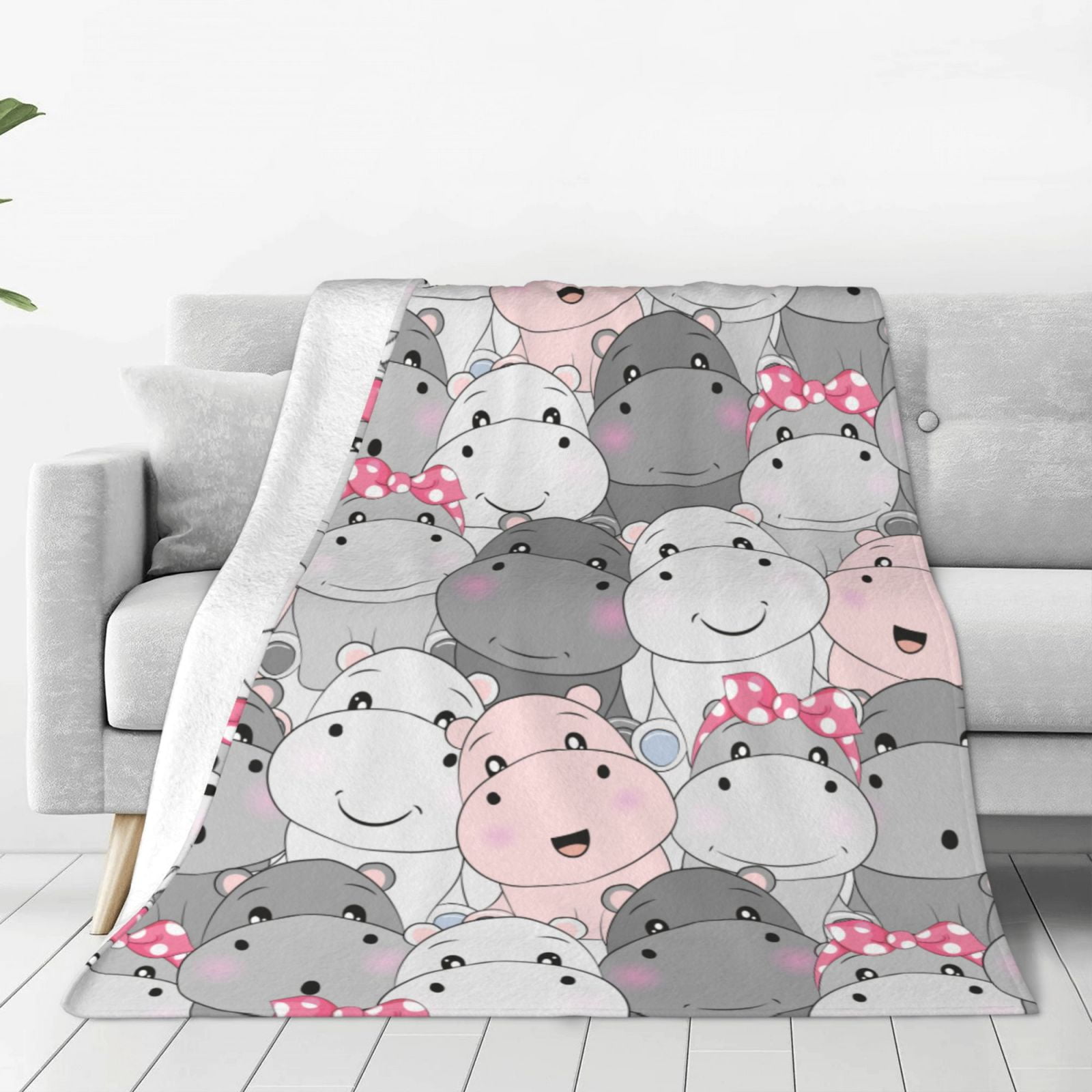 LNWH Cute Baby Hippo Seamless Pattern Throw Blanket, Flannel Sofa