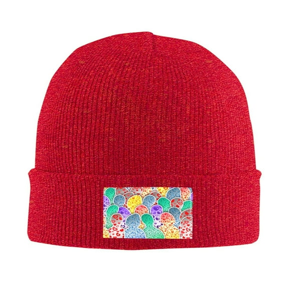 LNWH Knitted Acrylic Hat, Abstract Hearts Pattern Winter Beanie Hat for Cold Weather, Red