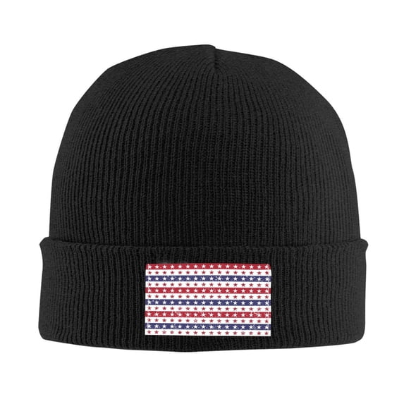 LNWH Knitted Acrylic Hat, Blue American Patriotic Stars Pattern Winter Beanie Hat for Cold Weather, Black