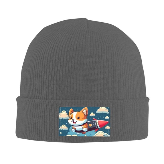 LNWH Knitted Acrylic Hat, Cartoon Dog Rocket Pattern Winter Beanie Hat for Cold Weather, Deep Heather