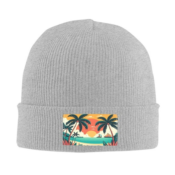 LNWH Knitted Acrylic Hat, Cartoon Tropical Beach Ocean Sunset Pattern Winter Beanie Hat for Cold Weather, Gray