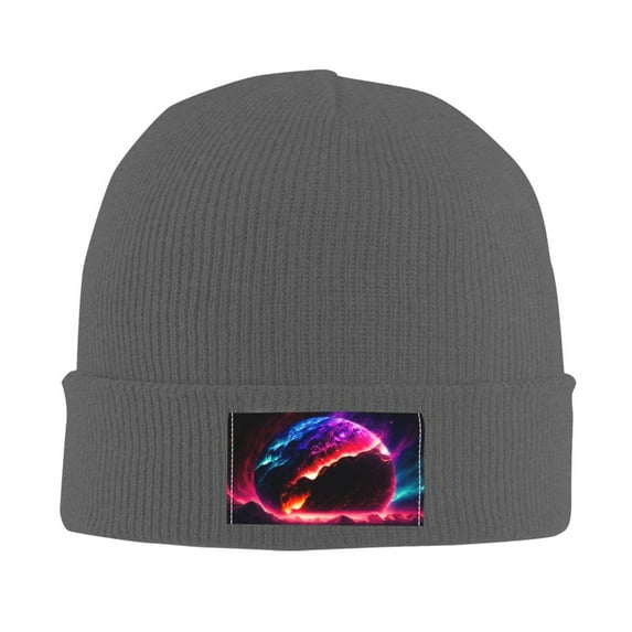 LNWH Knitted Acrylic Hat, Colorful Planets Landscape Pattern Winter Beanie Hat for Cold Weather, Deep Heather