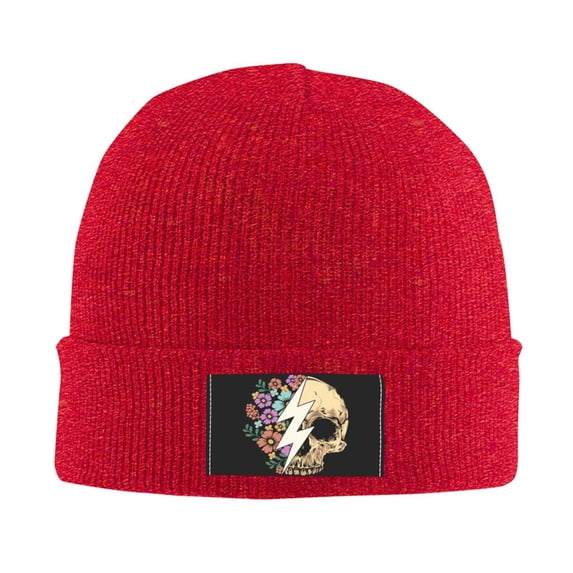 LNWH Knitted Acrylic Hat, Floral Rose Skull Pattern Winter Beanie Hat for Cold Weather, Red