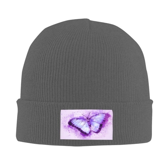 LNWH Knitted Acrylic Hat, Lilac Butterfly Pattern Winter Beanie Hat for Cold Weather, Deep Heather